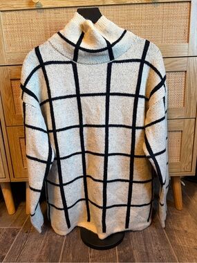 Doe & Rae Cream and Black Windowpane Turtleneck Sweater